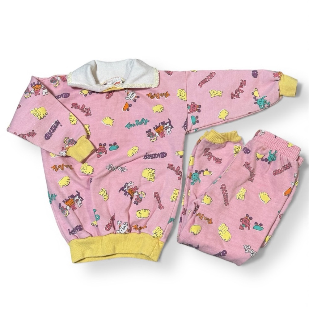 Vintage Healthtex Pink Cartoon Tea Party Print Baby outfit Set Two Piece 4T vtg